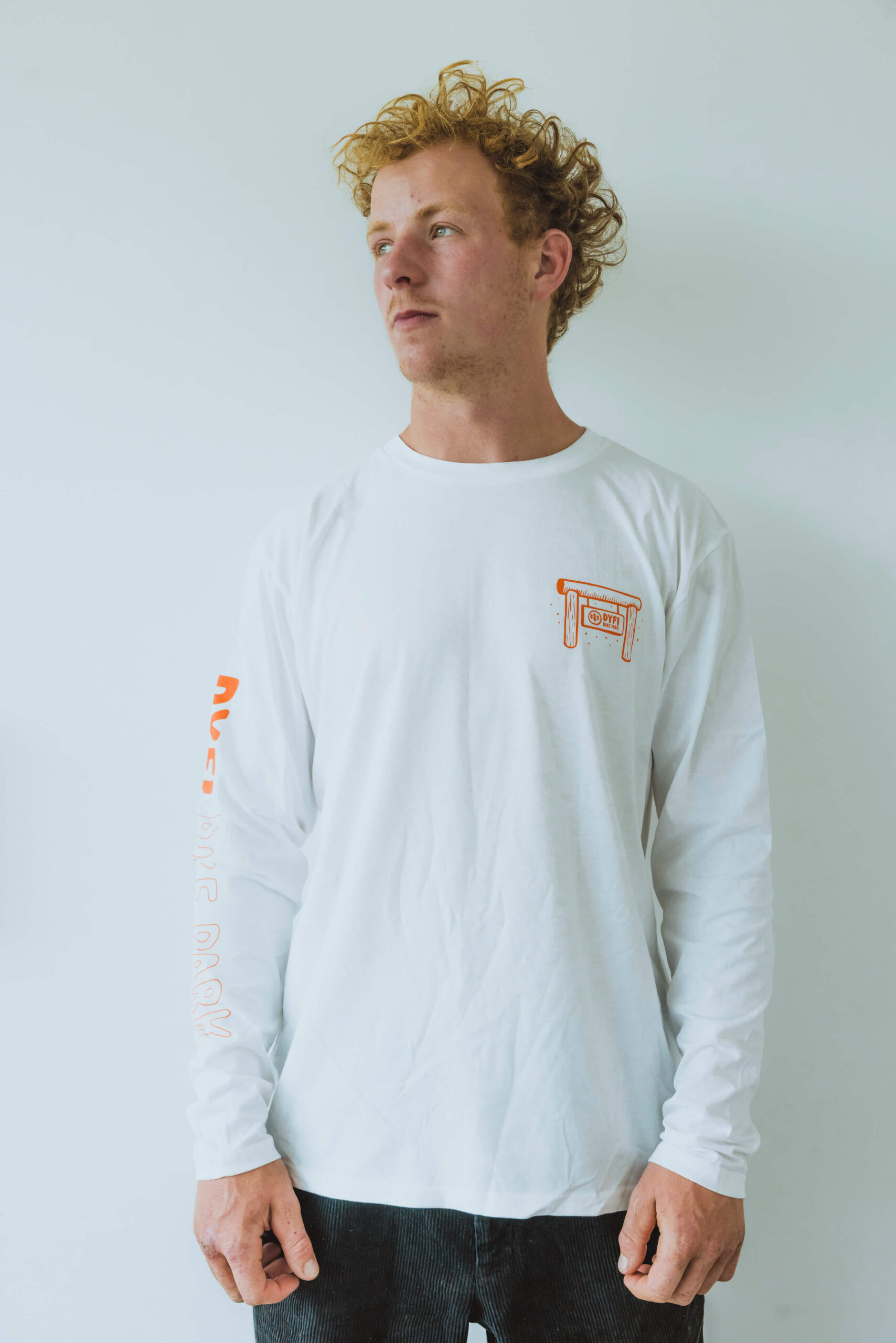 Dyfi Bike Park - CEDAR LONG SLEEVE T- long sleeved white T with Cedar design
